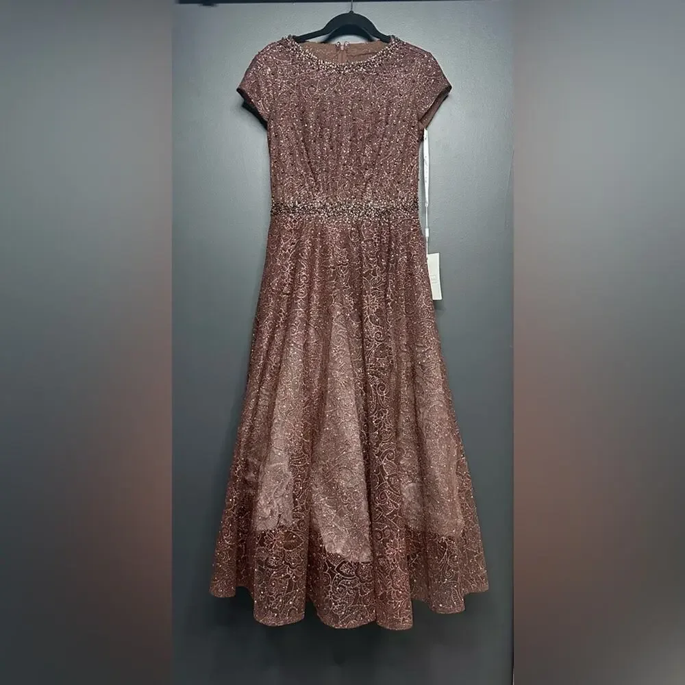 NWT Mac Duggal 20371 Embellished Cap Sleeve A Line Dress 6 Chocolate - Picture 4 of 7